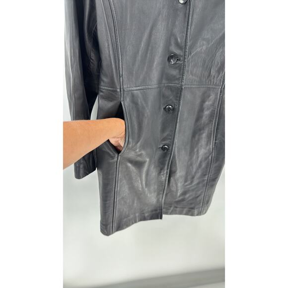 Vintage Kenneth Cole black long leather coat size petite Medium 90s classic - Picture 4 of 6